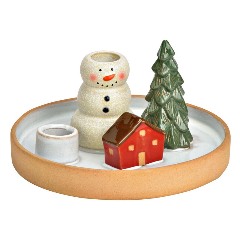 Piatto portacandele di Natale in ceramica con pupazzo di neve, albero e casetta, con spazio per due candele